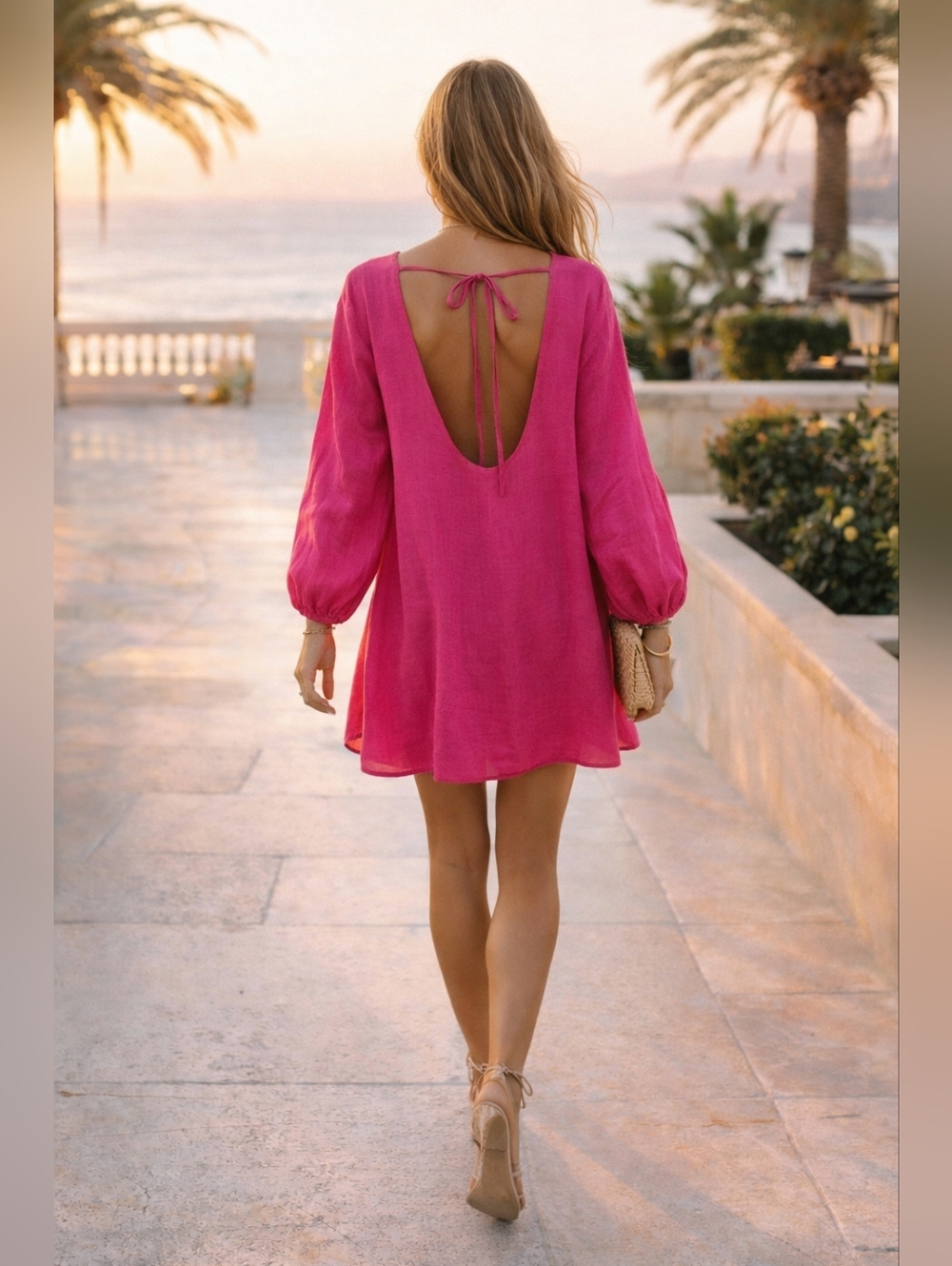 Lovers + Friends Moda Mini Dress Hot Pink Linen Blend Open Back Blouson Sleeve